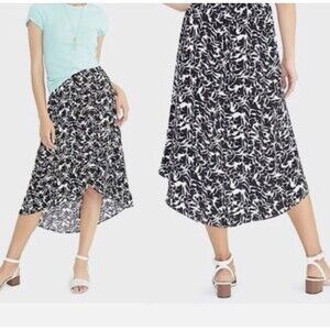 J Crew High Low Black White Print Wrap Around Midi Skirt Preppy Y2K Sz Small